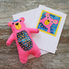 Hand-sewn batik-bellied bear and matching card.