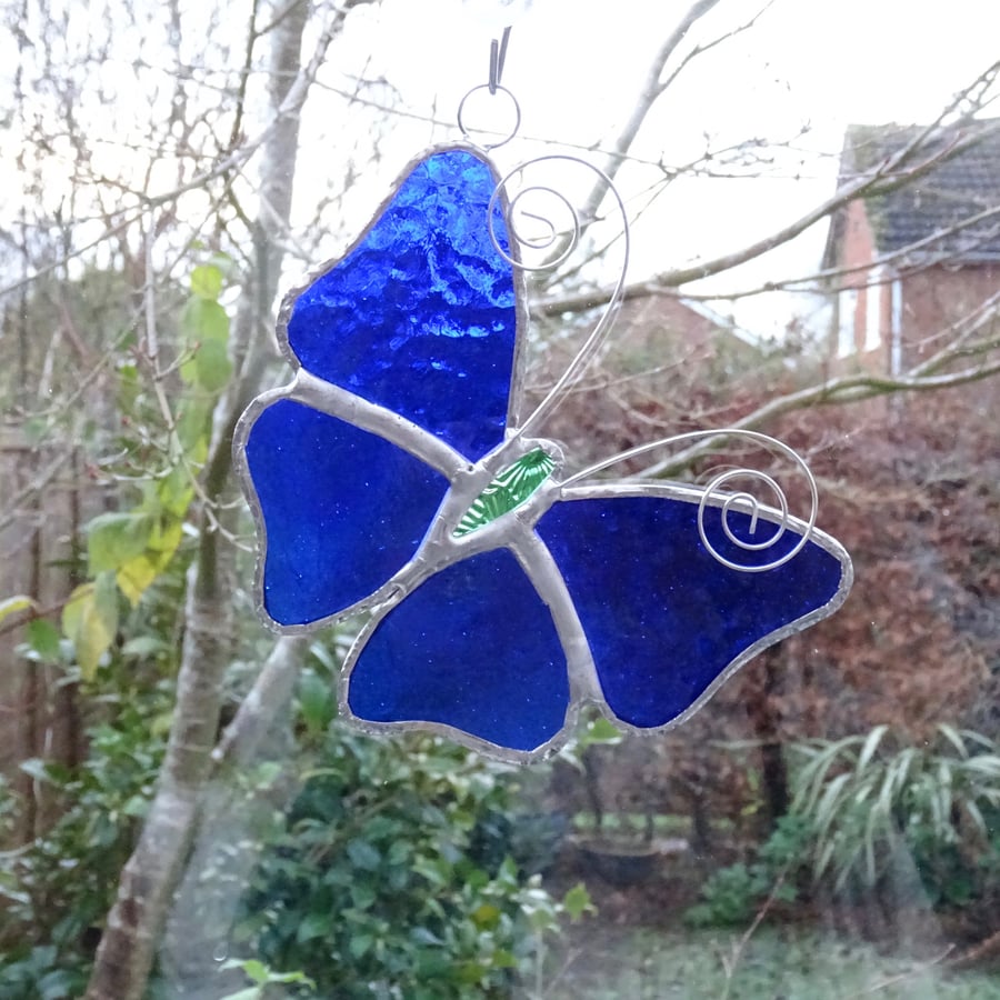 Stained Glass Butterfly Suncatcher - Handmade Decoration - Dark Blue