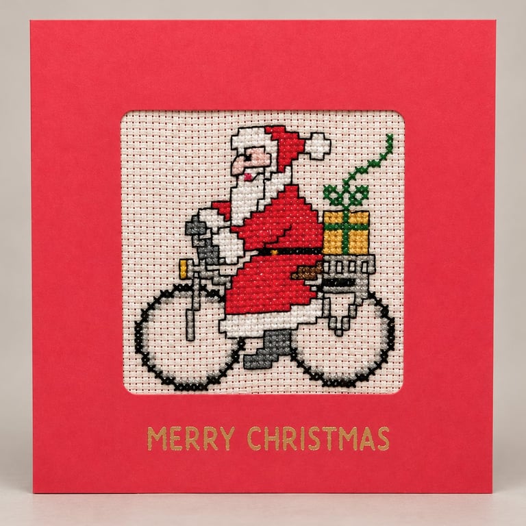 Handmade Cross Stitch Santa on Bicycle Christmas Card – 5 x 5 Inch