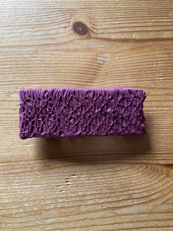 Hand Smocked and Beaded Wine Silk Hair Clip