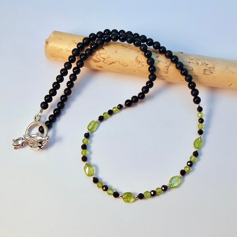 Peridot, Spinel & Onyx Necklace, August Birthday, Anniversary, Gift For Leo.