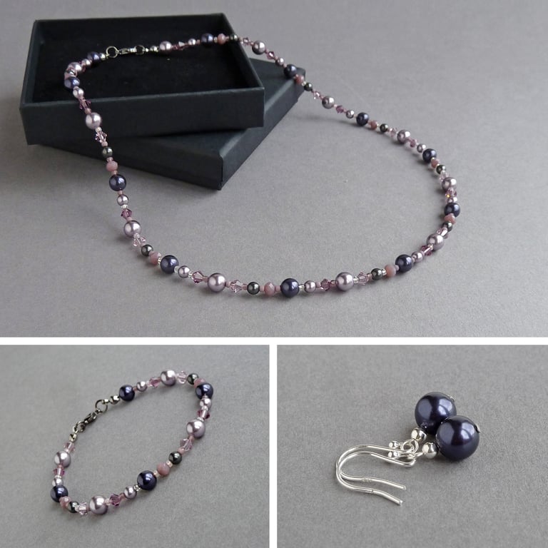 Dusty Purple Beaded Jewellery Set - Dark Purple and Lilac Pearl Jewellery Sets
