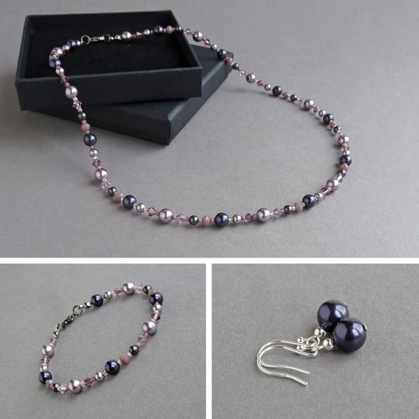 Dusty Purple Beaded Jewellery Set - Dark Purple and Lilac Pearl Jewellery Sets