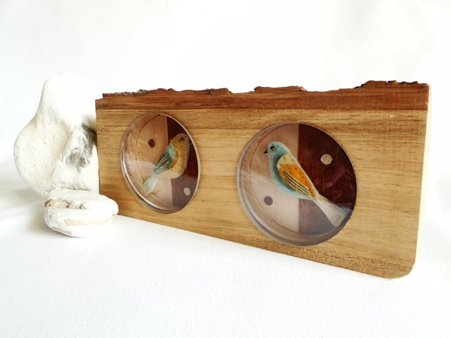  Bird Embroidery Diorama - Handmade Oak Shadow Box Frame - Love Birds