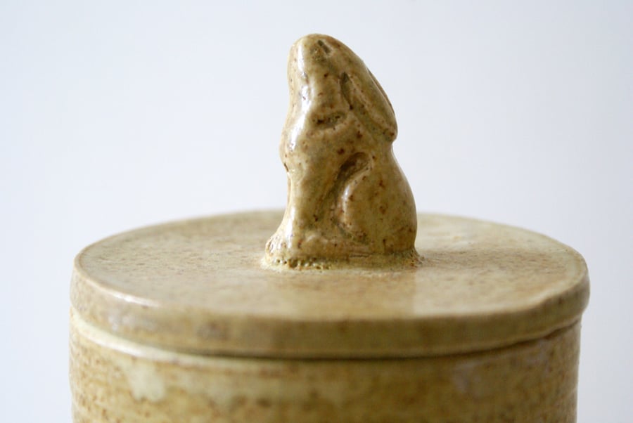 Moon gazing hare ceramic kitchen canister - stoneware pottery jar in brown