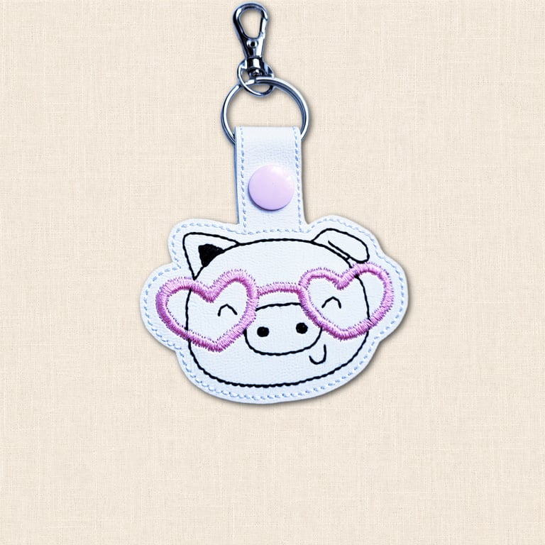 Kawaii Pig Keyring - Embroidered Animal Bag Charm with Glasses