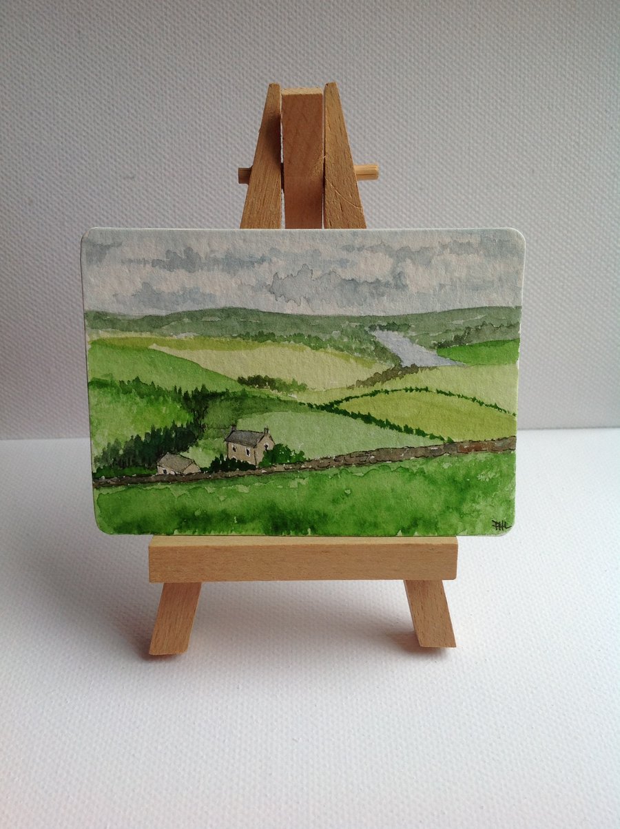 Fields and Valleys ACEO Original watercolour painting