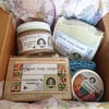 Gift box with 2 soaps, a soothing salve, vegan lip balm & a ramie soap bag