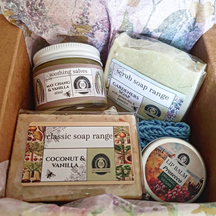 Gift box with 2 soaps, a salve, vegan lip balm, ramie soap bag or wash cloth