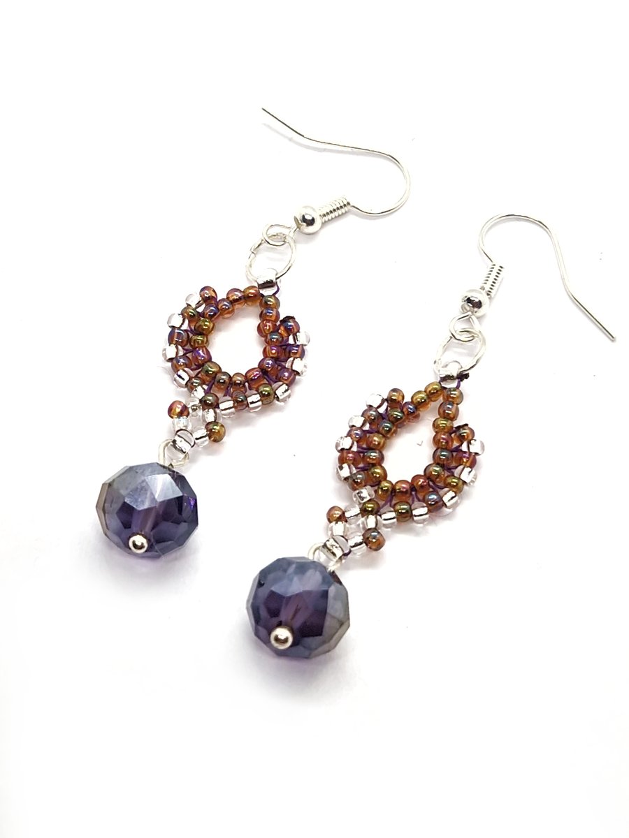 Silver, peach and purple ethnic inspired boho beaded dangle earrings