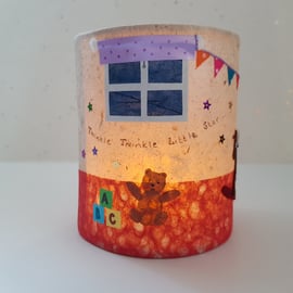 "Rock-a-bye Playroom" Picture Lantern (blue moon hat) - mixed media collage 