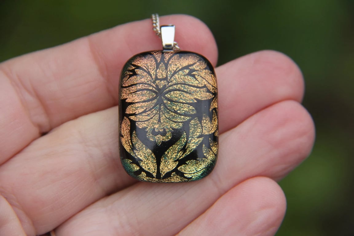 Orange botanical dichroic glass pendant, fused glass pendant SKU  F52