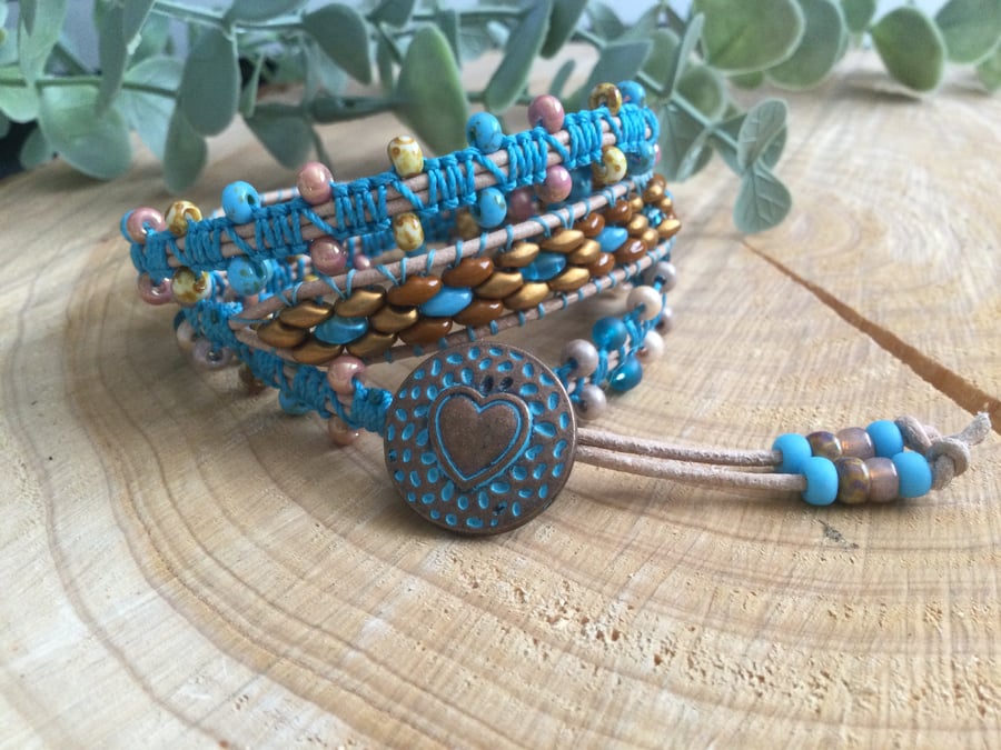  Leather blue and bronze beaded wrap bracelet 