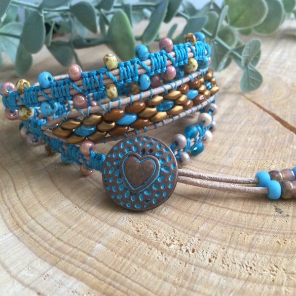  Leather blue and bronze beaded wrap bracelet 