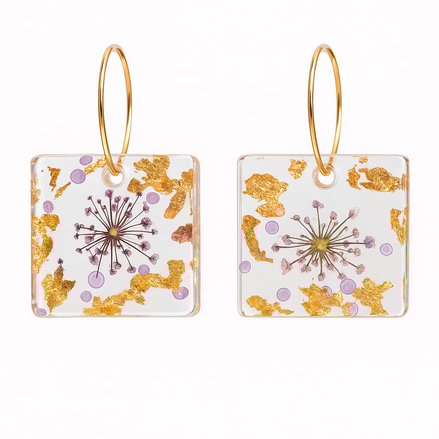 Square Purple Flower Resin Earrings – Gold Leaf & Gem Dangles