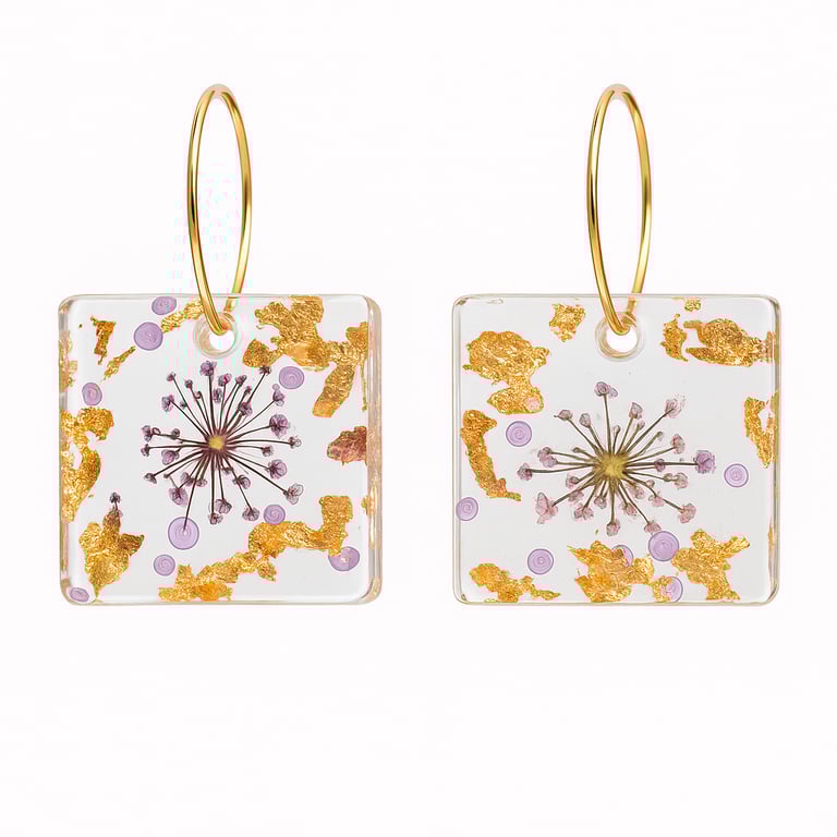 Square Purple Flower Resin Earrings – Gold Leaf & Gem Dangles