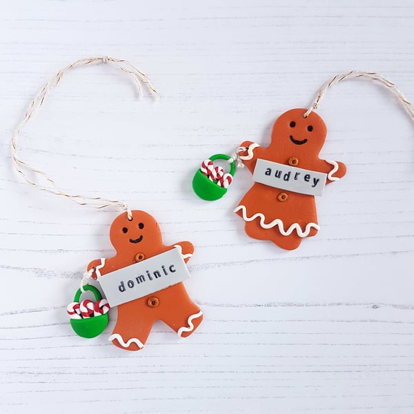 NEW Personalised Gingerbread man or lady with candy canes Hanging decoration