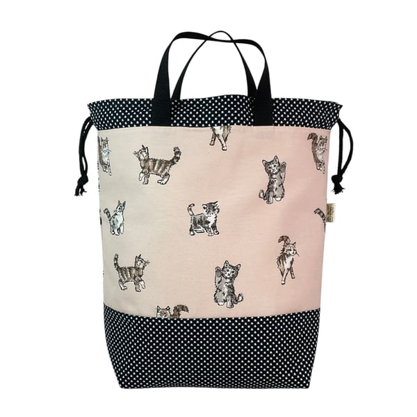 Extra Large drawstring knitting bag with cat print, multi pockets project bag