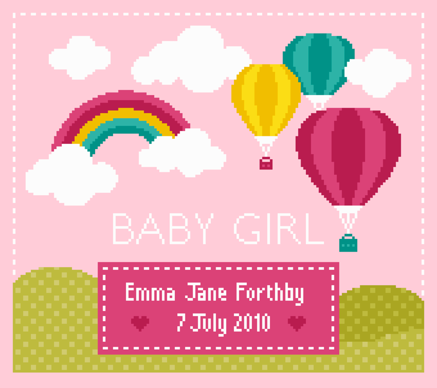 242A - Baby Girl Cross Stitch Pattern: Rainbow Balloons, Alphabet (PDF Chart)