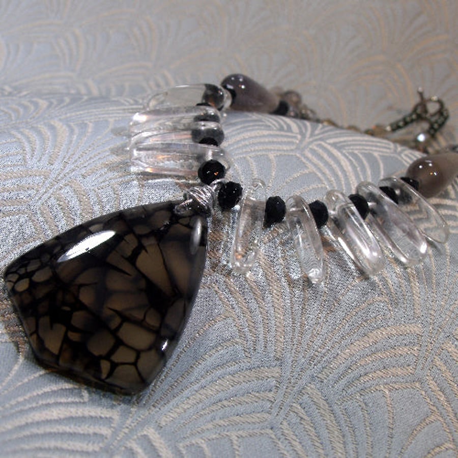 Grey Black Pendant Necklace, Semi-Precious Necklace, Grey Black Necklace NM6