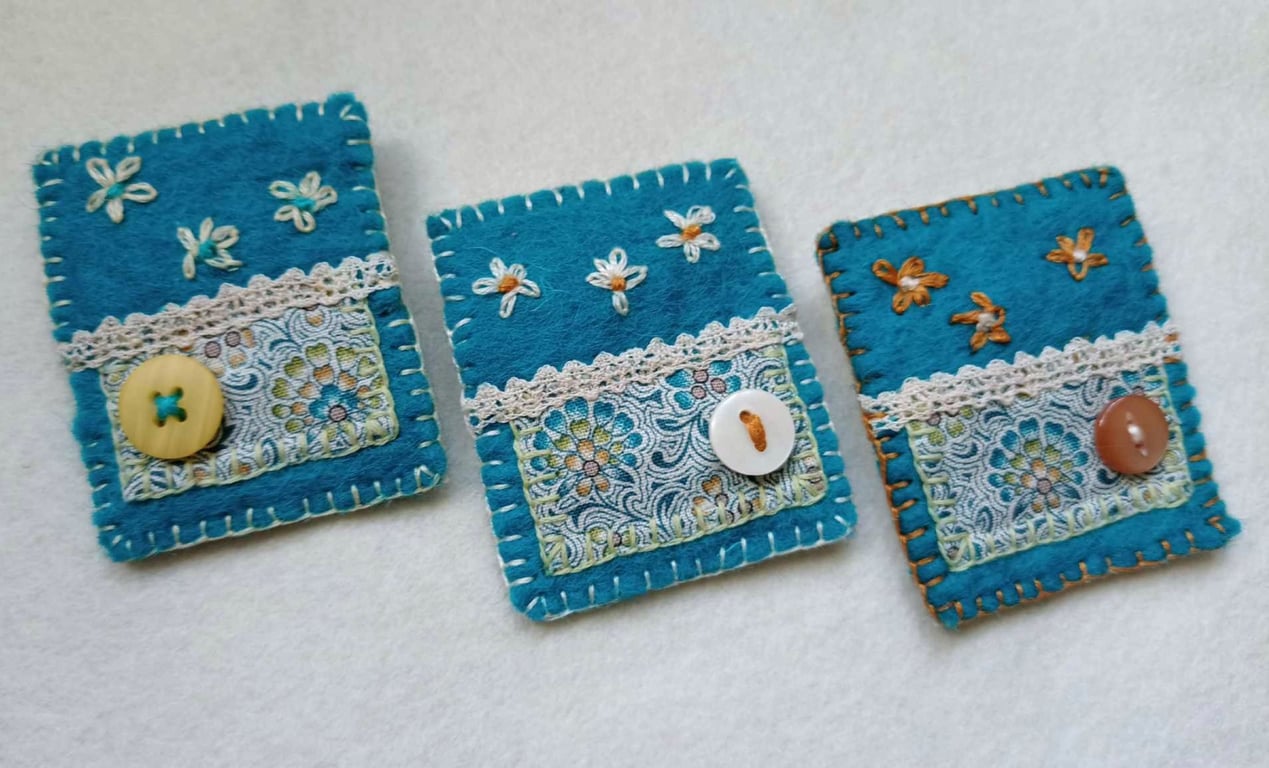 Brooch, wool felt hand sewn with applique and embroidery