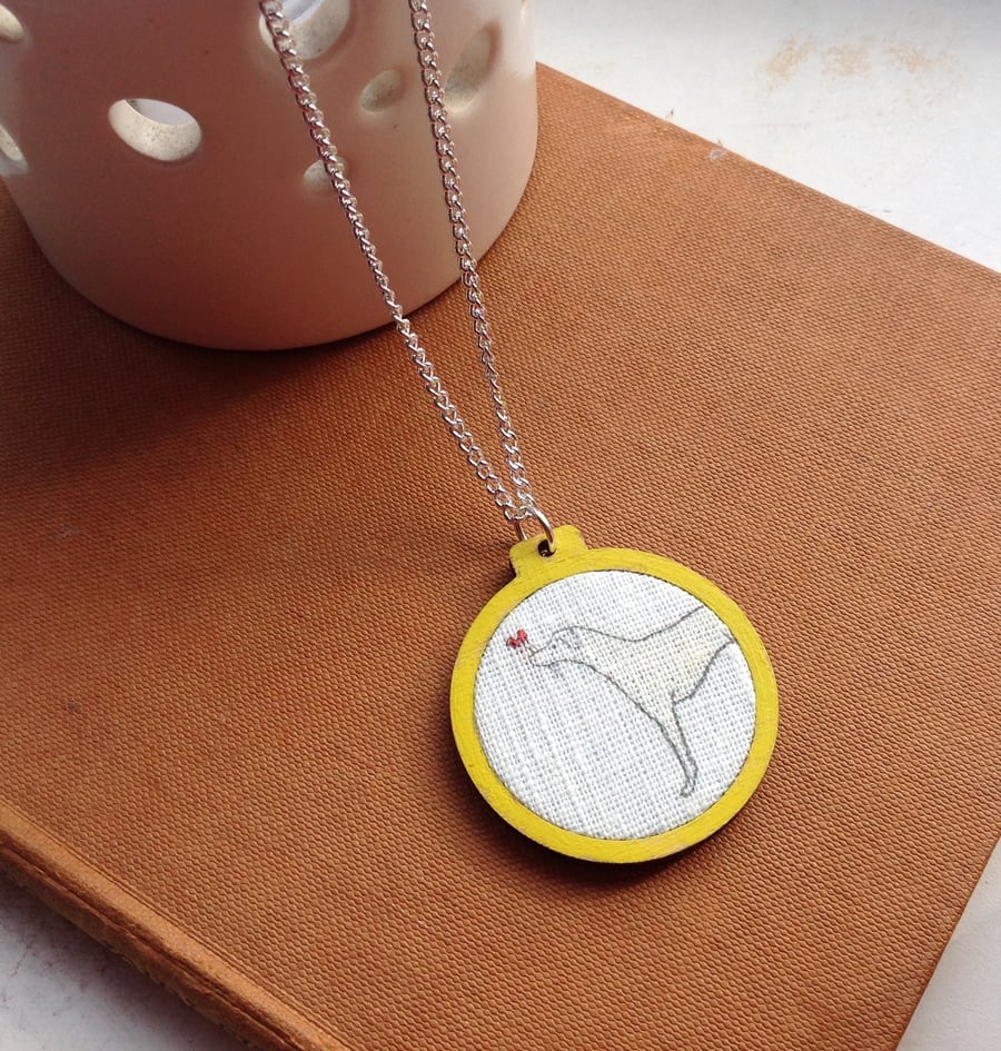 Pendant, Whippet Dog In Yellow Wooden Mini Embroidery Hoop