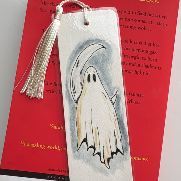 Hand painted watercolour ghost bookmark with cream Tassel