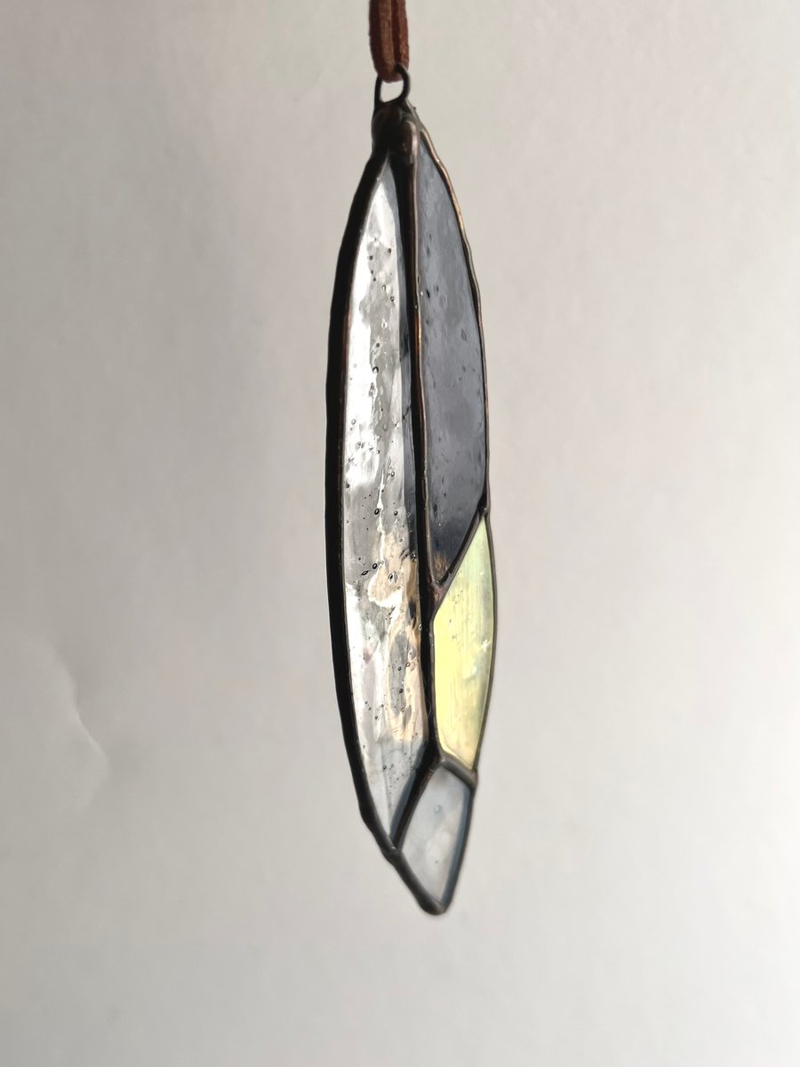 Navy and Amber stained glass pheasant feather decoration - vintage glass