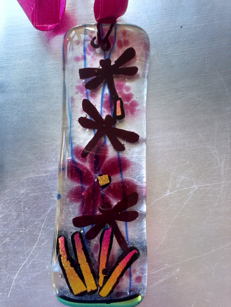 Fused Glass Art Lghtcatcher Pop 005 Cranberry Dragonfly Dichroic 
