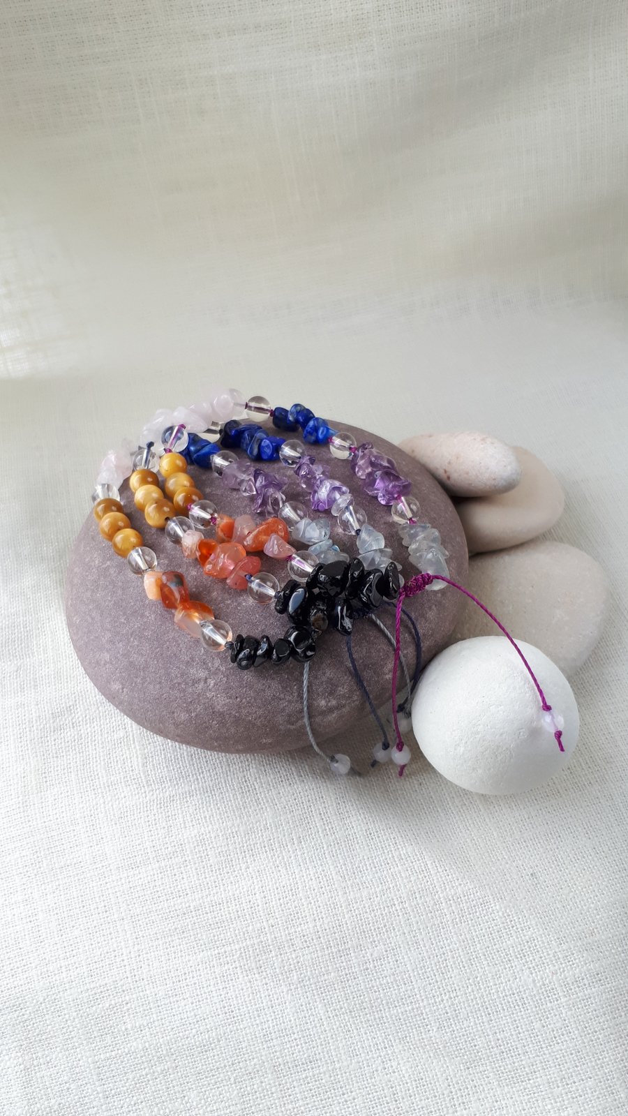 Chakra gemstone bracelets choice of navy, purple or grey cord