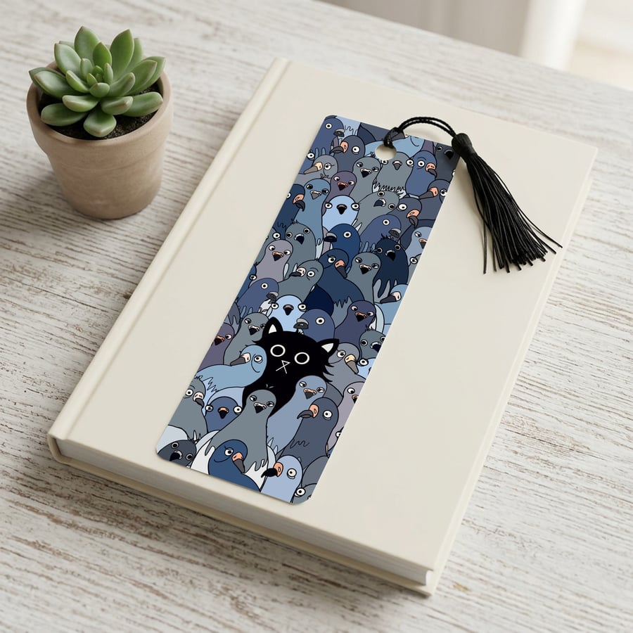 Cat Among the Pigeons Bookmark with Tassel, Black Cat and Pigeon Design