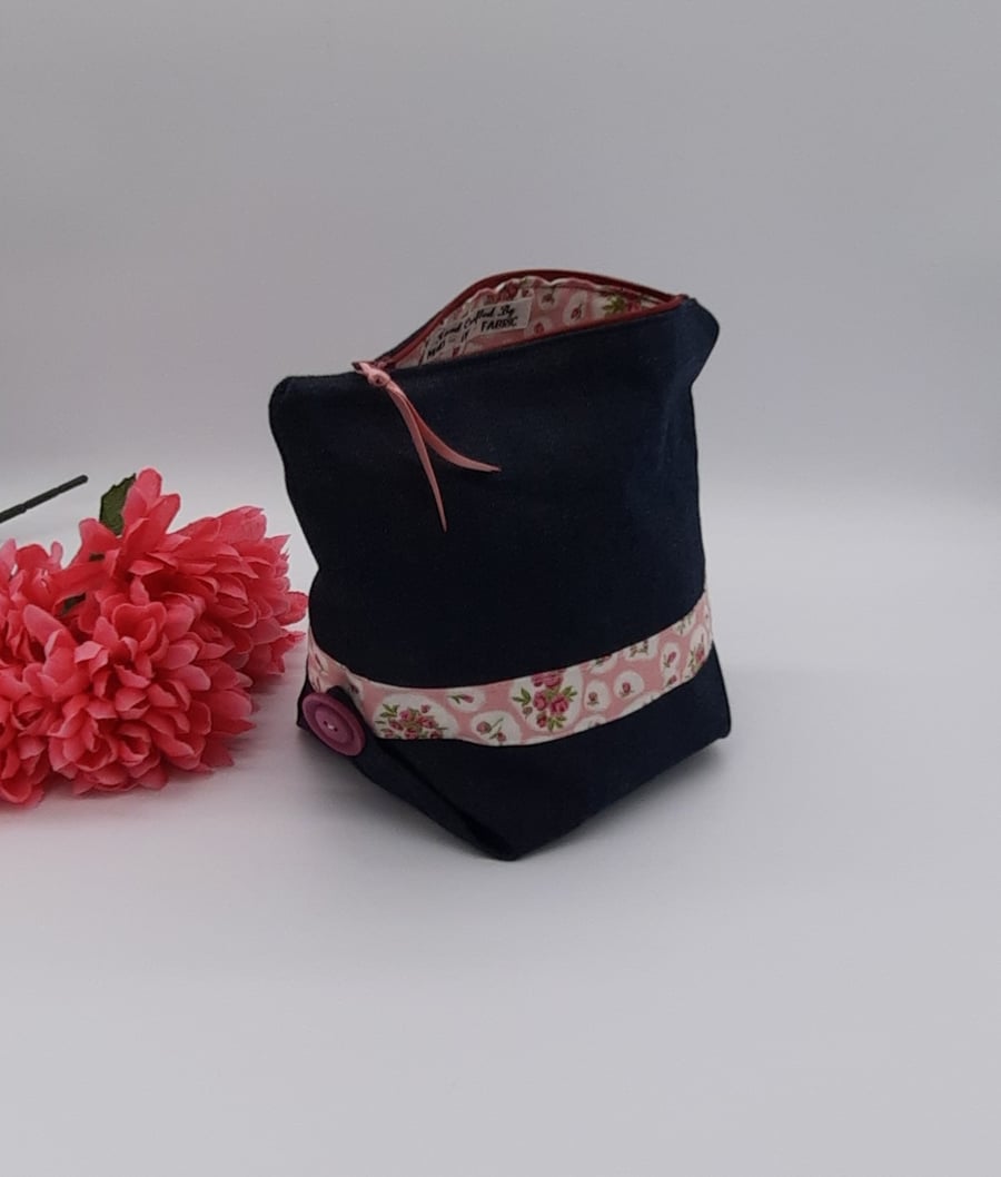 Make up bag, denim, pink floral with button, zipped case 