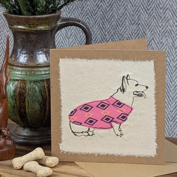 Corgi - blank card - handmade stitched dog card, birthday card, greetings card
