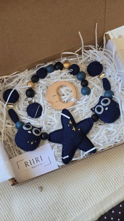 Baby Gift Set - Baby Pram Accessory, Dummy Pacifier Clip "Magical night"