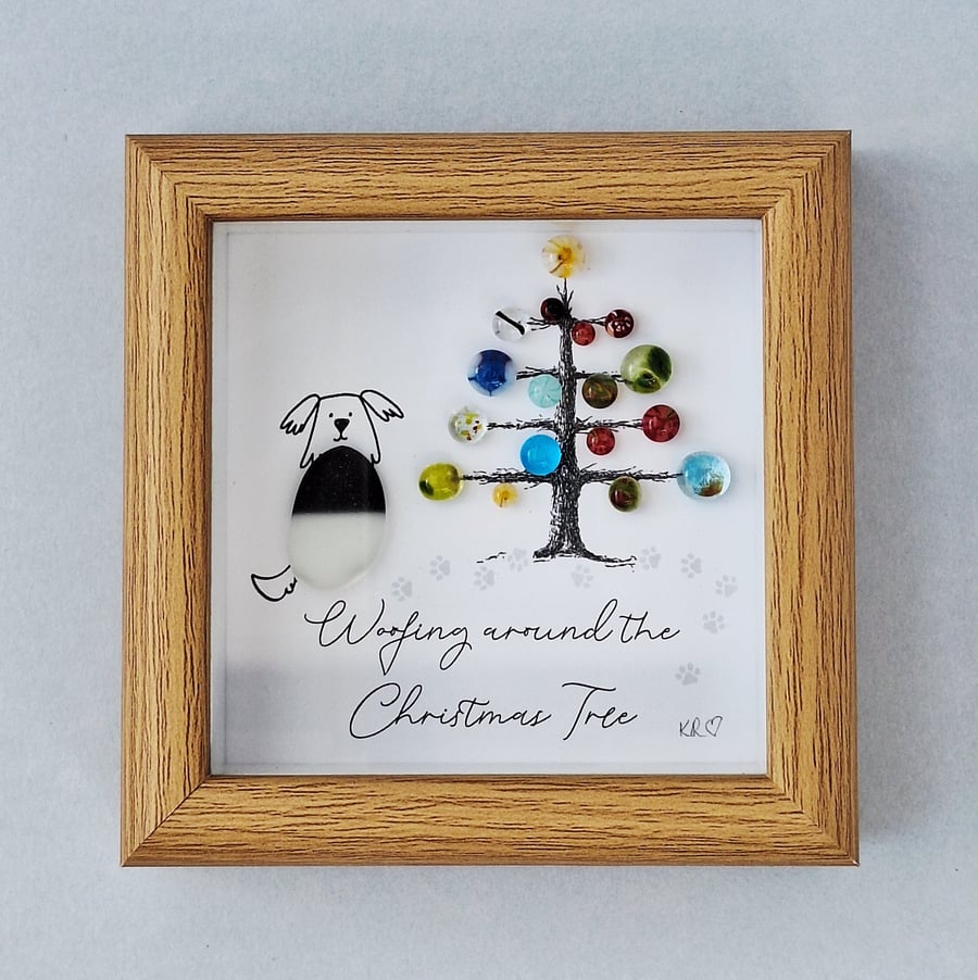 Mini "Woofing around the Christmas Tree" Christmas Art - Wood Frame