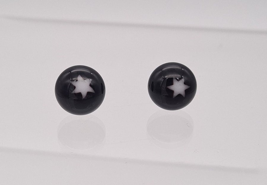 Sterling Silver Black Glass And White Star Stud Earrings