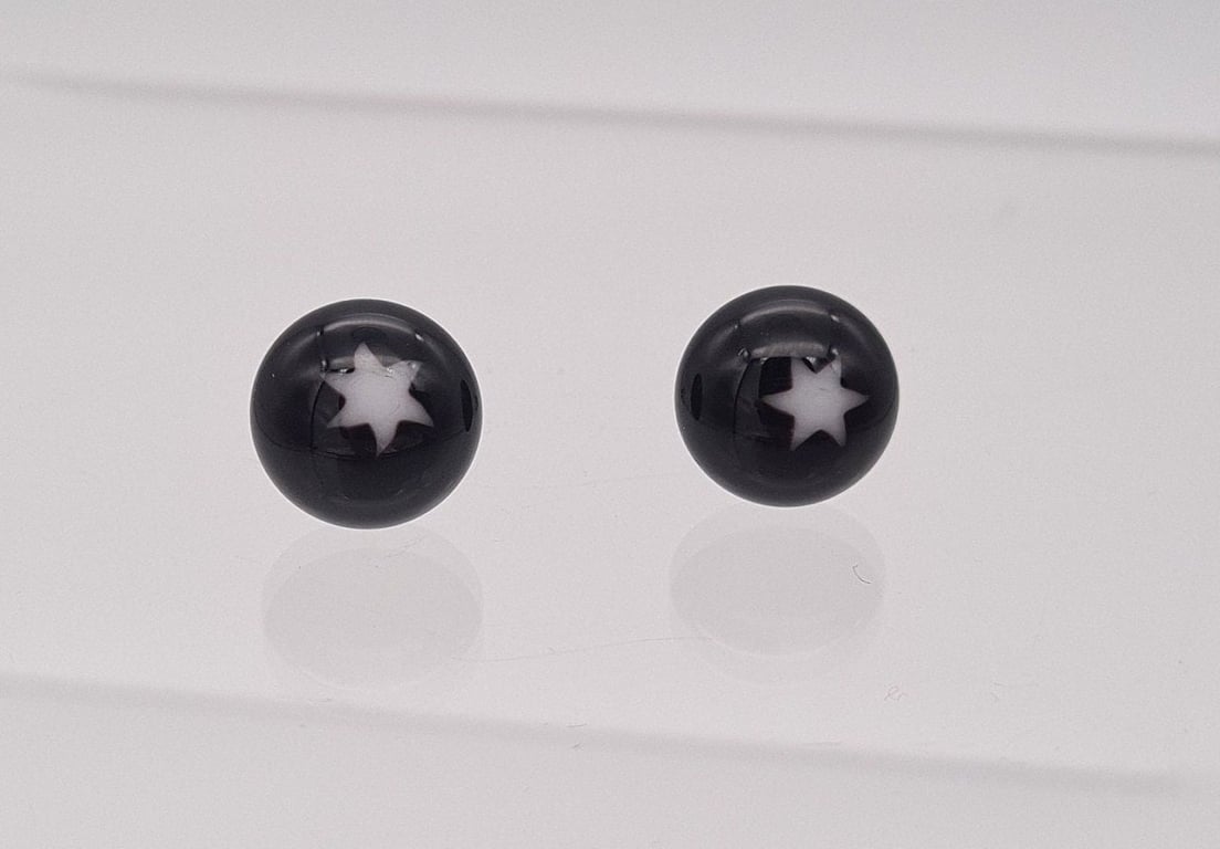 Sterling Silver Black Glass And White Star Stud Earrings