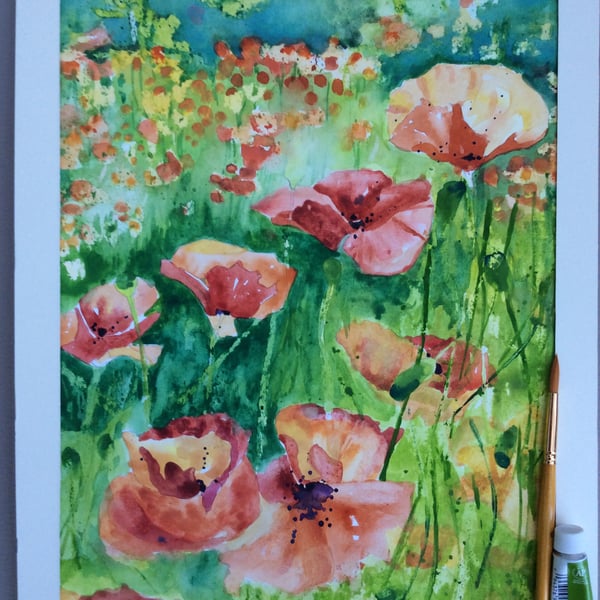 Original watercolour painting of poppies 