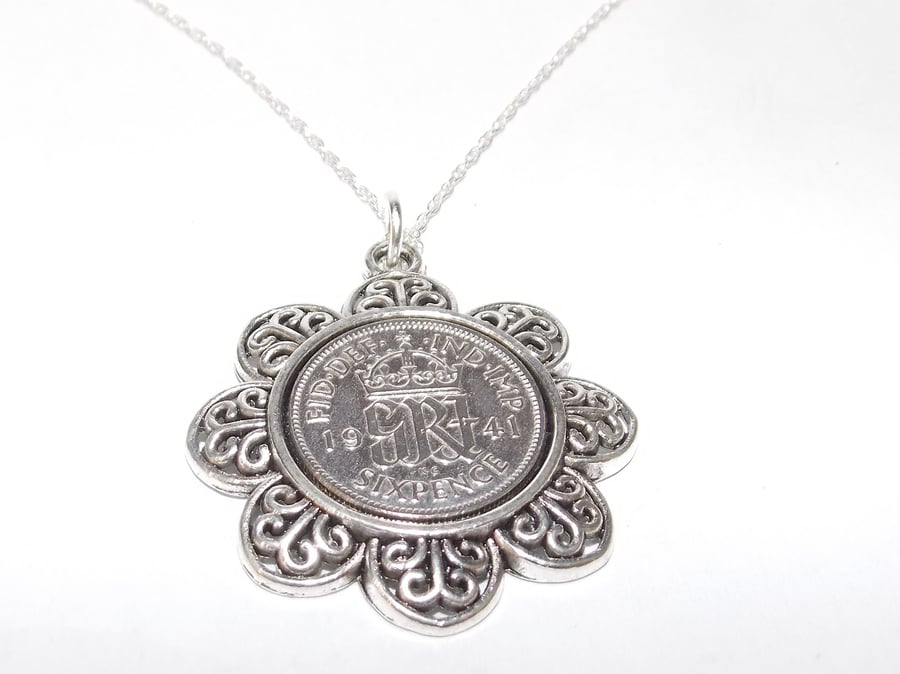 Floral Pendant 1941 Lucky sixpence 85th Birthday plus a Sterling Silver 18in Cha