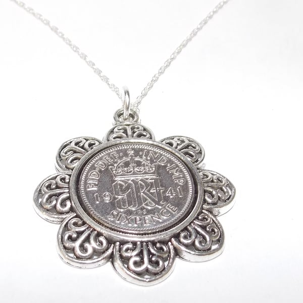Floral Pendant 1941 Lucky sixpence 85th Birthday plus a Sterling Silver 18in Cha