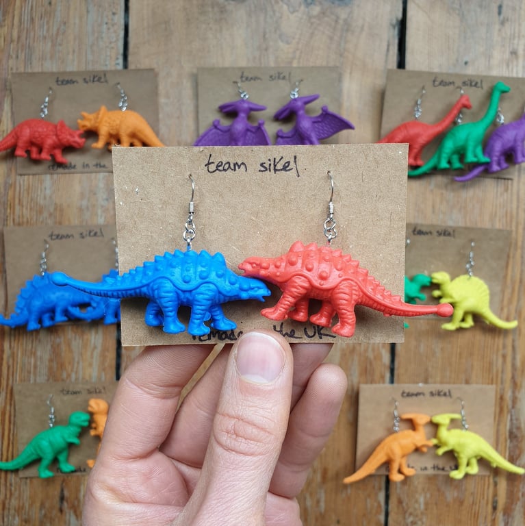 Red and Blue Ankylosaurus Soft Plastic Dinosaur Earrings - Upcycled Toys