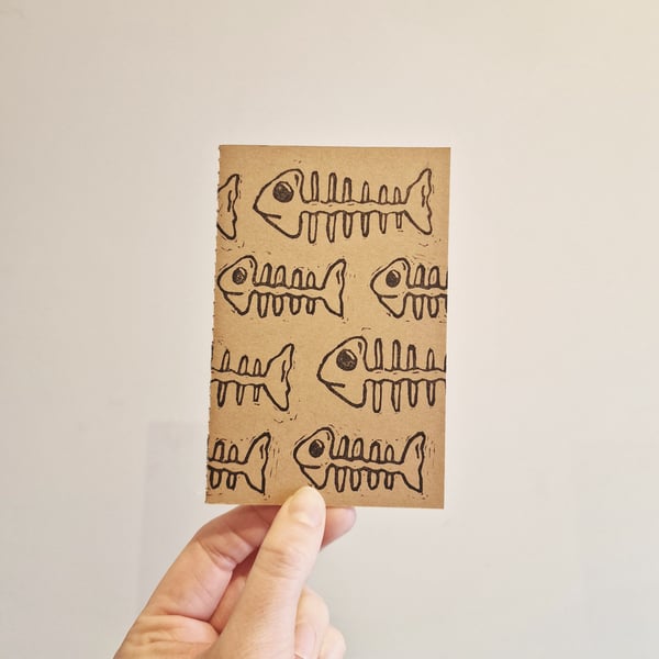 Fish Skeleton Lino Printed Pocket Notebook