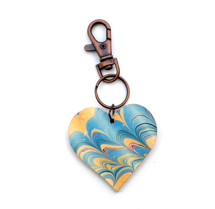 Yellow and blue ripple effect marbled paper and wood heart keyring bag charm 