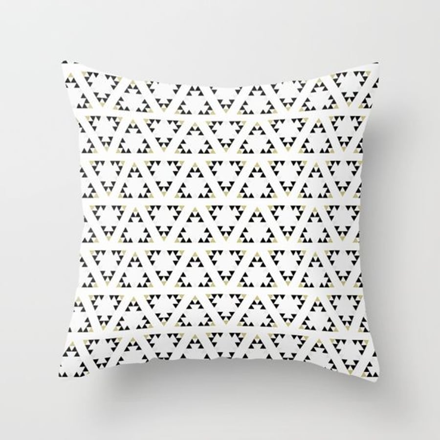 White, Black and Gold Triangle Geometric Cushion Cover16 inch