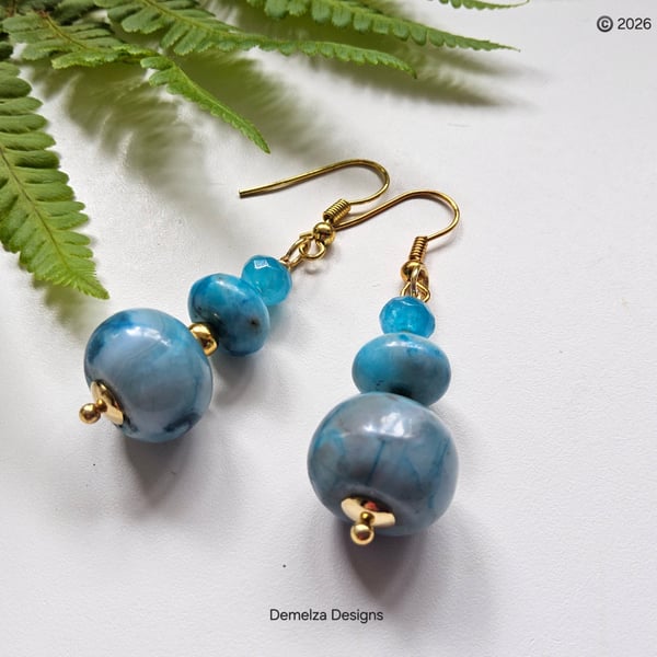 Blue Jasper & Neon Quartzite Dangle Gold Plated Copper Earrings 