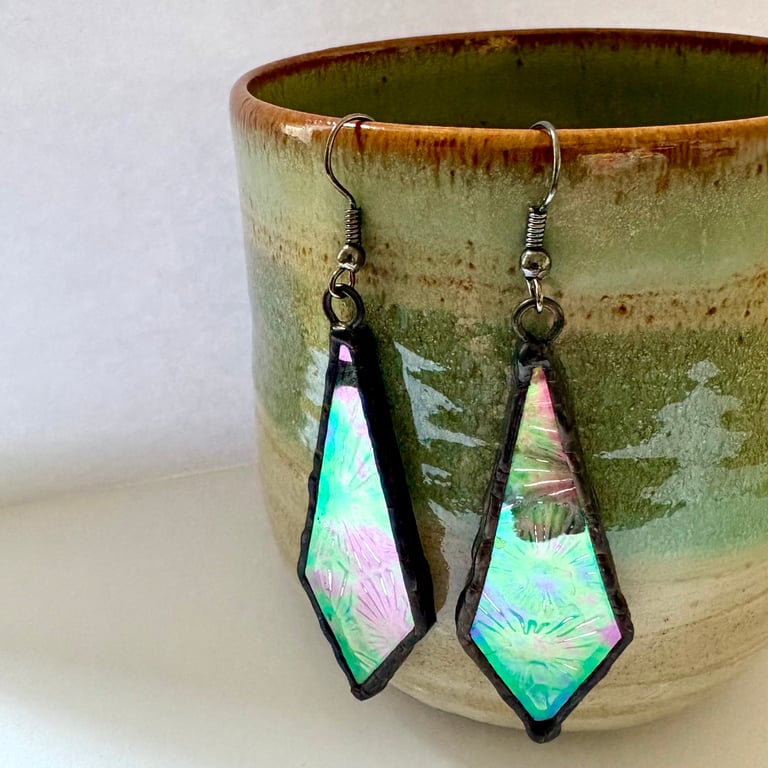 Textured iridescent stained glass dangle earrings, Zero waste jewellery