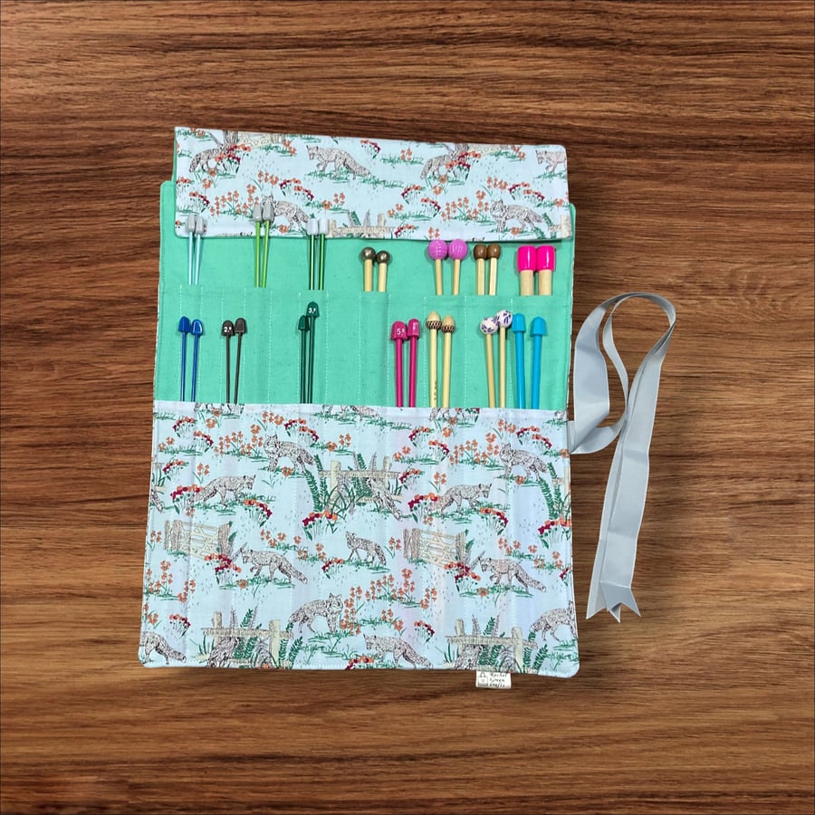 Straight knitting needle case with foxes ,woodland animals needle roll, knit