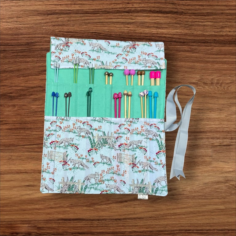 Straight knitting needle case with foxes ,woodland animals needle roll, knit
