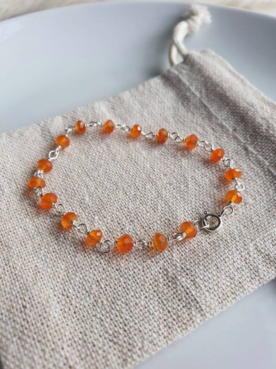 Dainty carnelian gemstone and sterling silver rosary chain crystal bracelet