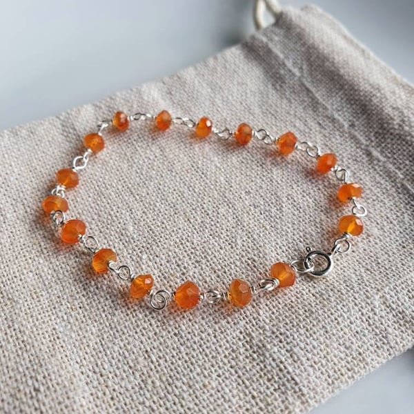 Dainty carnelian gemstone and sterling silver rosary chain crystal bracelet